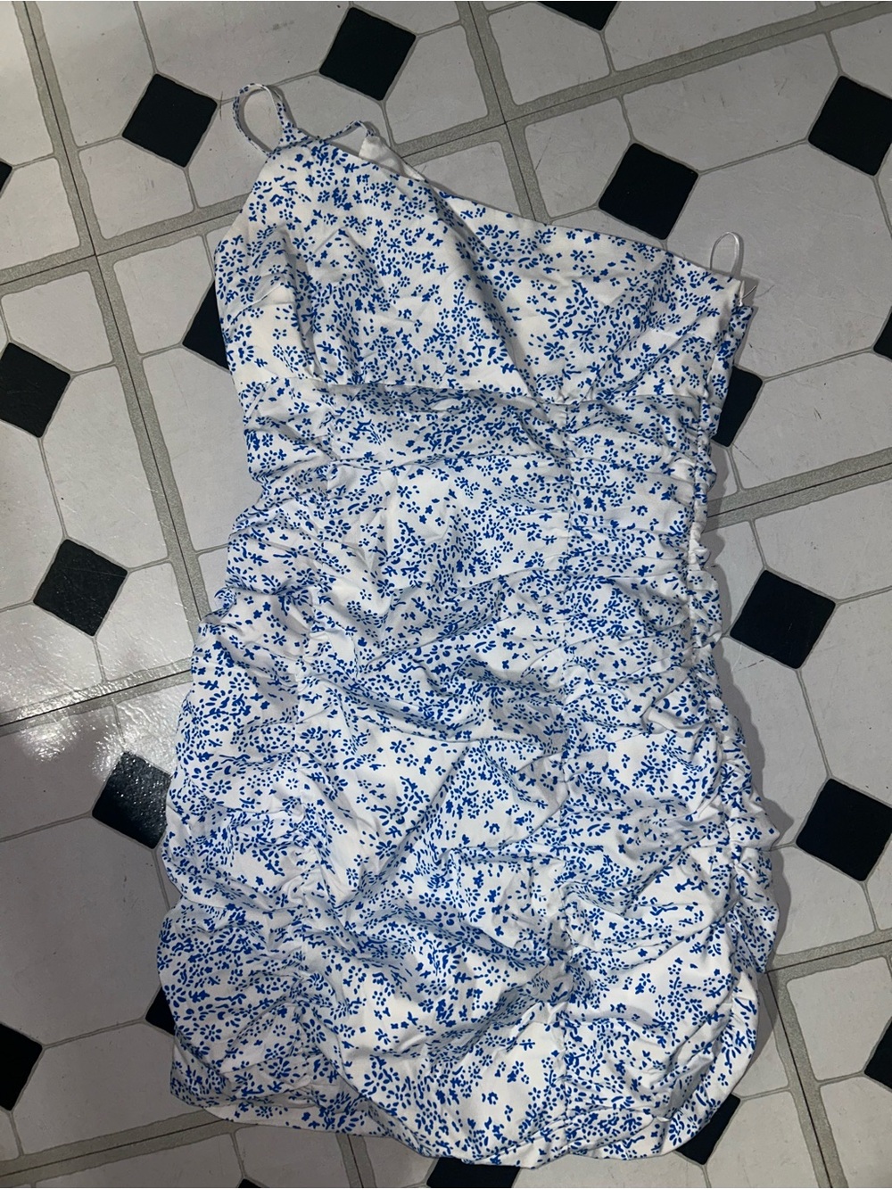 White & Blue Floral Ruched Mini Dress